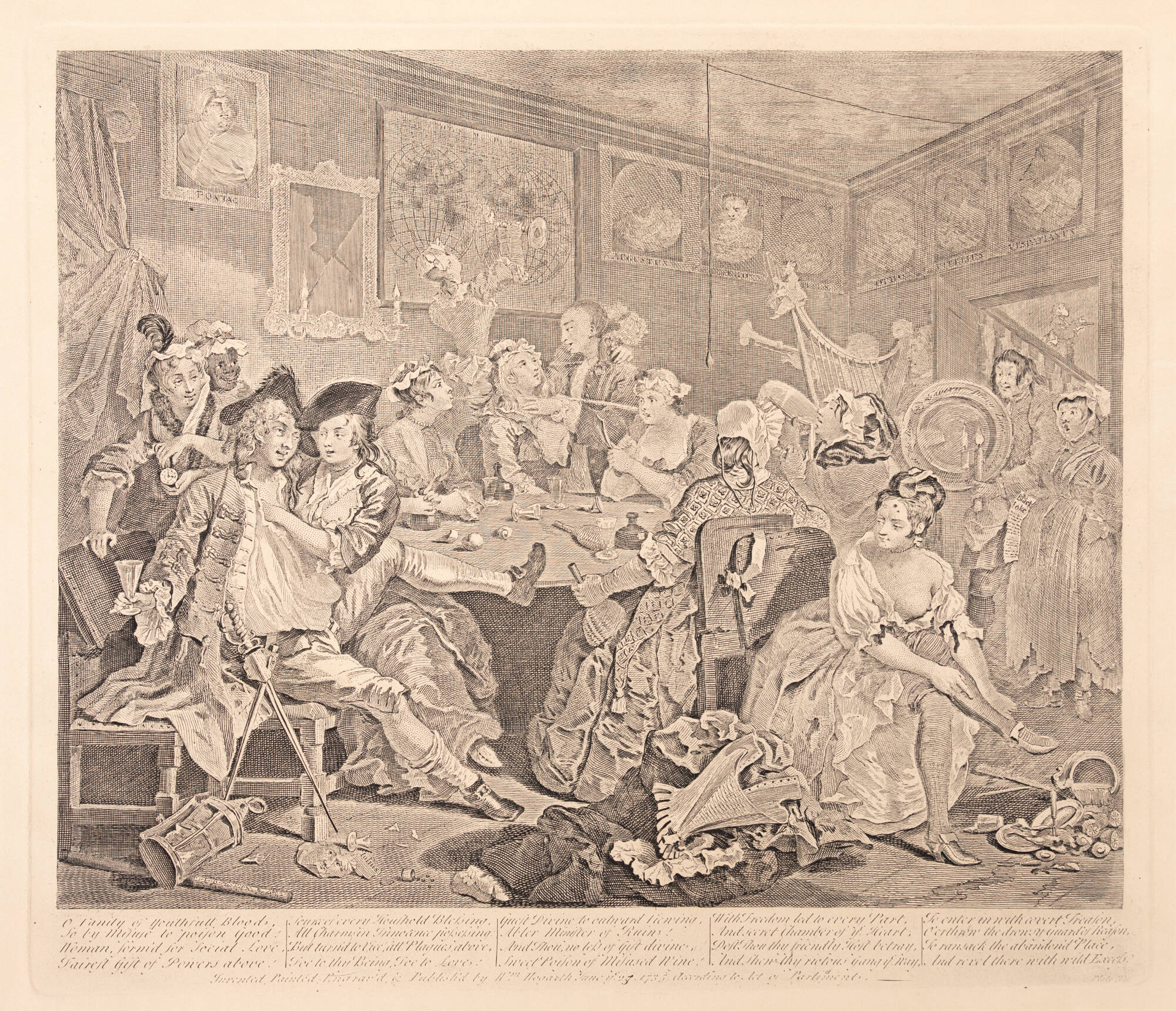 Historic engraving of a scene inside of a tavern with many decorations on the wall. Large group of people along the bottom half of the image, including both men and women.